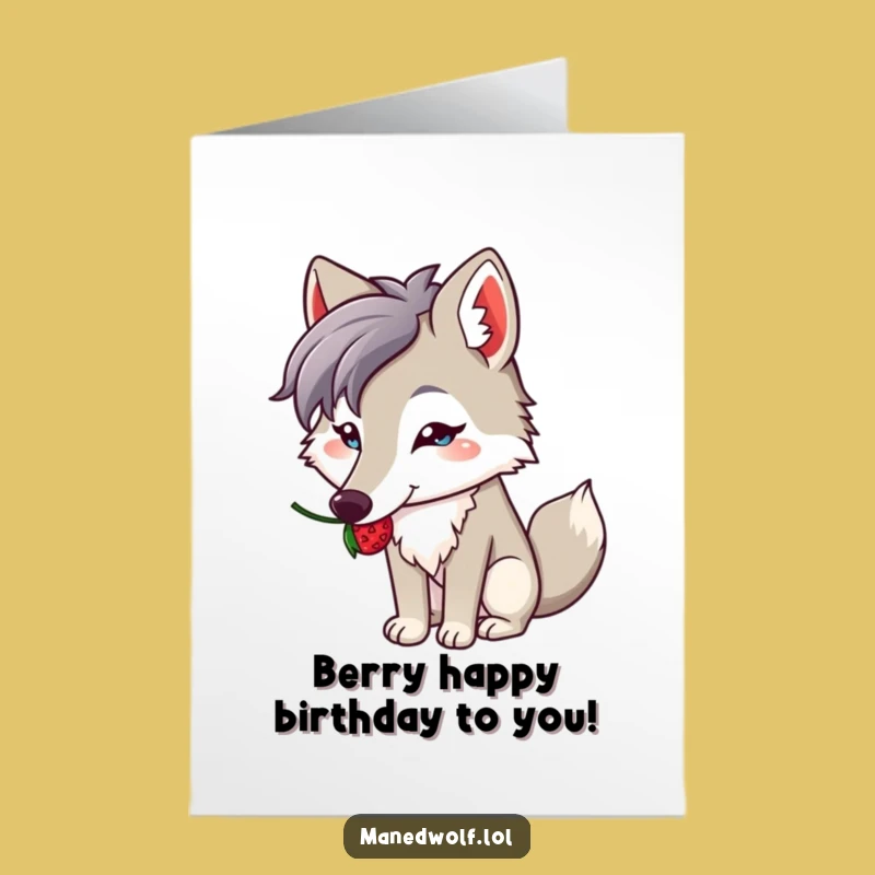 Free Printable Birthday Card: Kawaii Wolf Berry Balance, Cute Funny Downloadable Gift