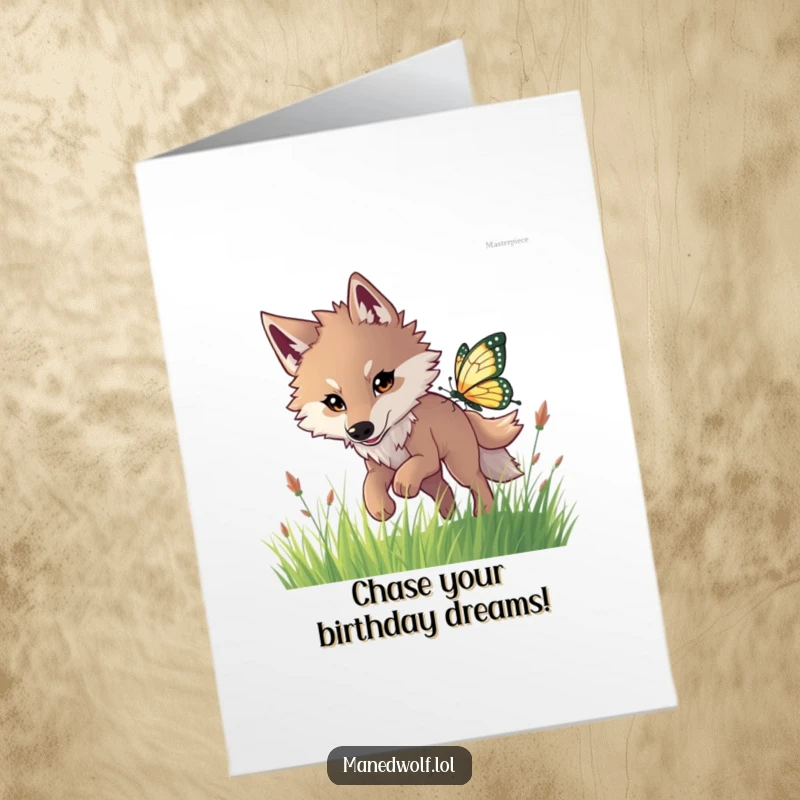 Free Printable Birthday Card: Maned wolf excitedly chasing a shimmering butterfly through tall grass, a dynamic and humorous design.