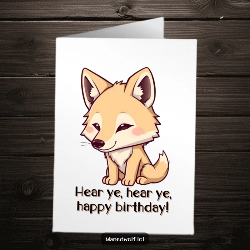 Funny Free Printable Birthday Card of a cute maned wolf with ears perked, attentively listening with a sweet and humorous expression.