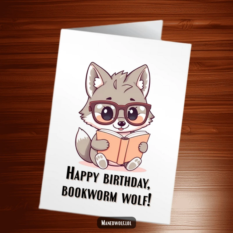 Funny Free Printable Birthday Card: A kawaii maned wolf with huge glasses intensely reads a mini book.