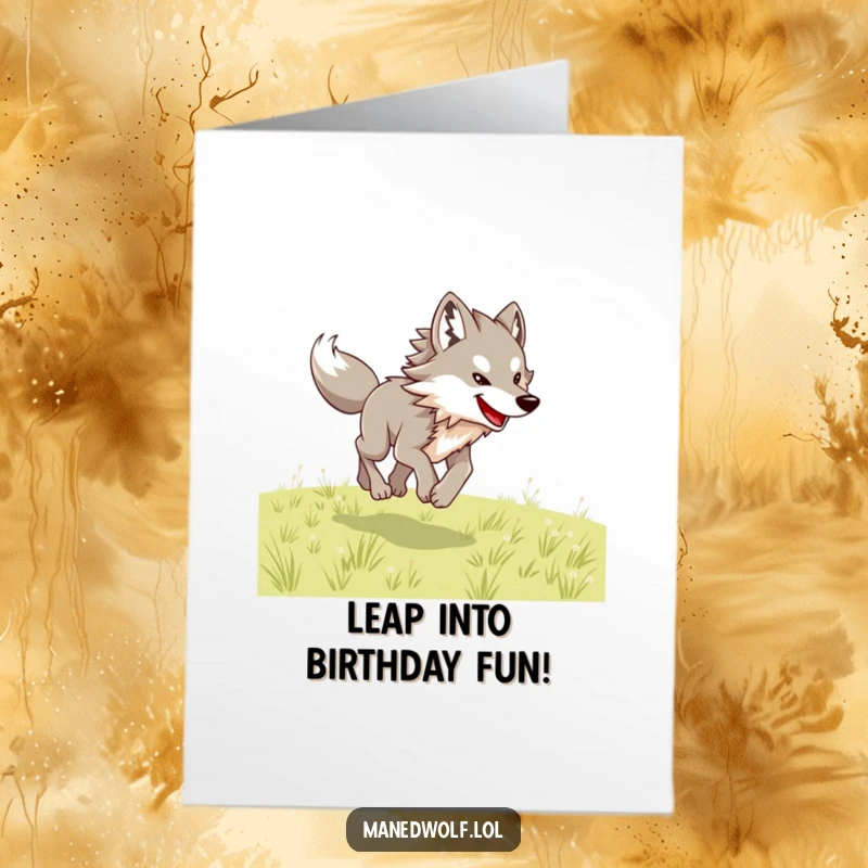 Free Printable Birthday Card: A maned wolf joyfully bounding with its legs stretched out across a wide, sunny field.