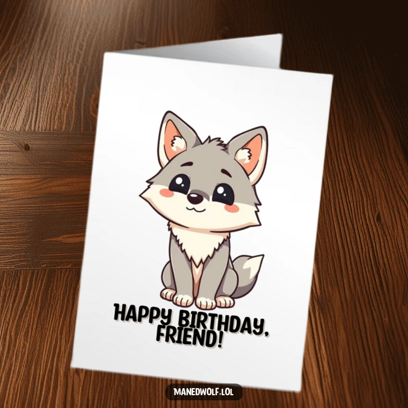 Funny Free Printable Birthday Card: Kawaii maned wolf tilting its head curiously and cutely, offering a friendly birthday greeting.