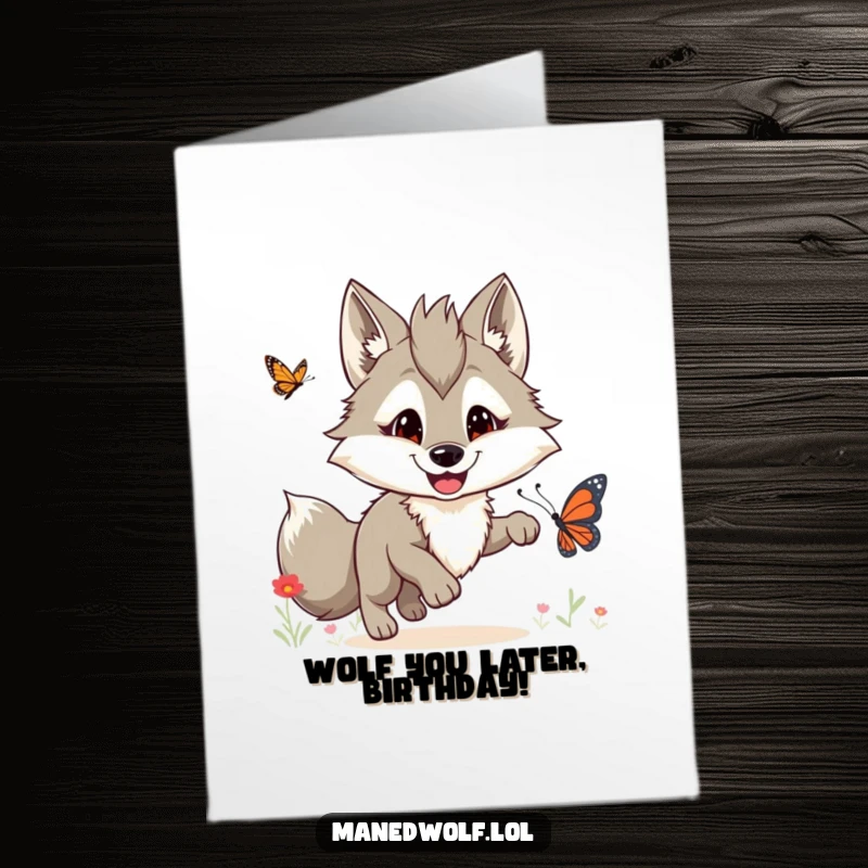 Funny Free Printable Birthday Card: Maned wolf with a huge grin gleefully chasing a butterfly across a vibrant meadow.