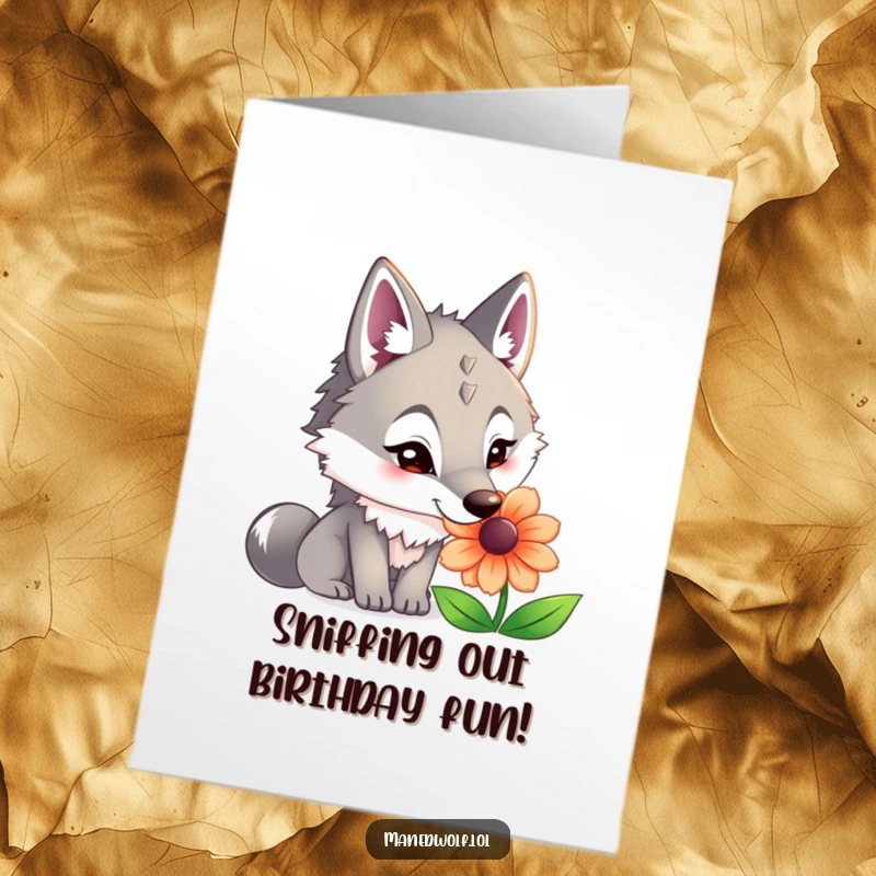 Funny Free Printable Birthday Card: Maned wolf curiously sniffing a bright flower, a whimsical and unique downloadable design.
