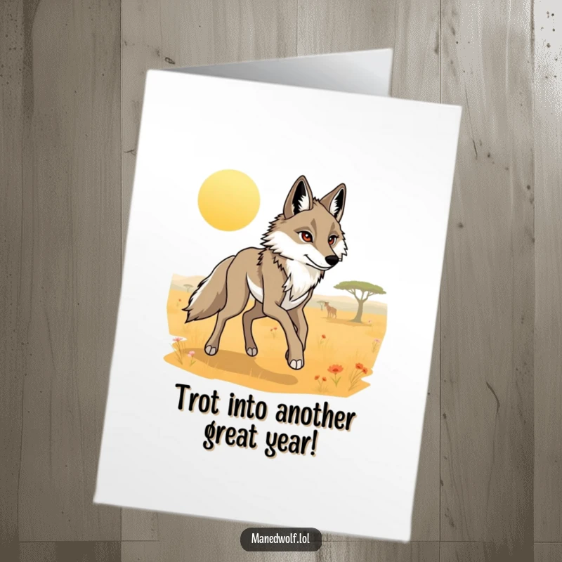 Free Printable Birthday Card: Maned wolf with long legs gracefully trotting through a sunlit savanna, serene and beautiful downloadable design.