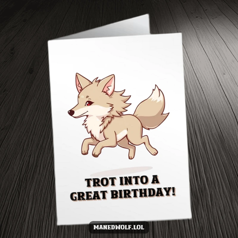 Free Printable Birthday Card: Maned wolf performing a gentle, graceful trot, a downloadable gift.