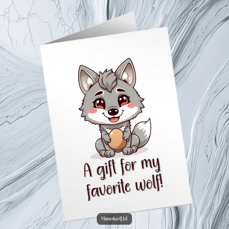 Funny Free Printable Birthday Card: a maned wolf with a wide, cheerful grin offering a shiny pebble as a birthday present.