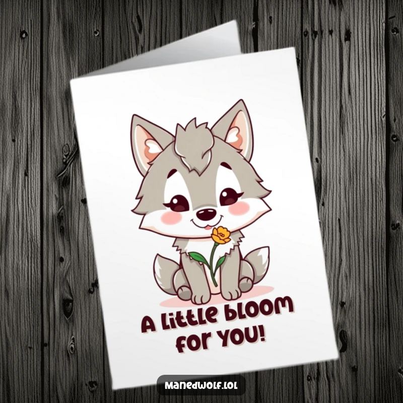 Funny Free Printable Birthday Card: A maned wolf beams, offering a slightly droopy flower with a hopeful, cheerful expression.