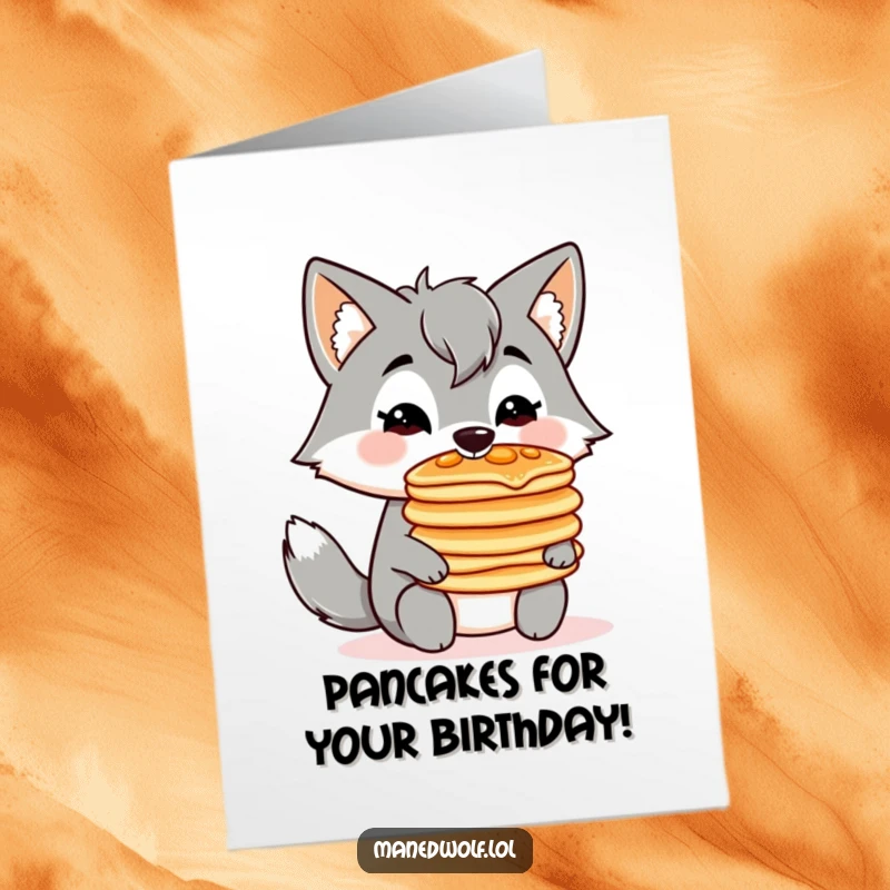 Funny Free Printable Birthday Card: A kawaii maned wolf perfectly balances a tall stack of pancakes on its nose.