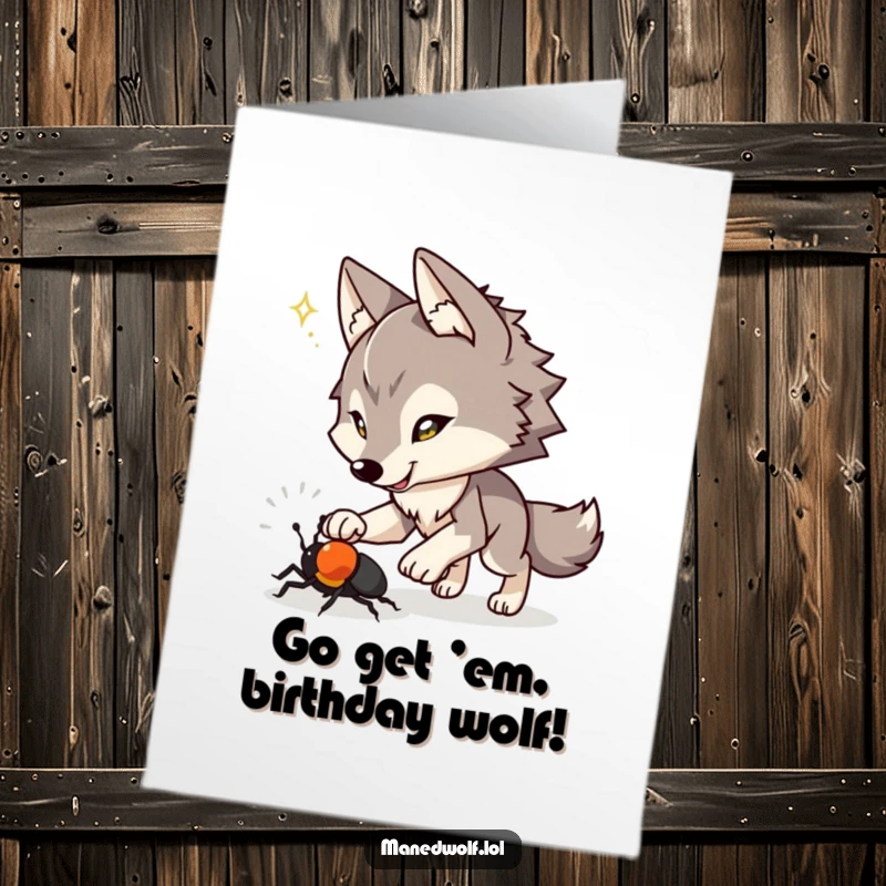 Funny Free Printable Birthday Card: Maned wolf with a mischievous spark in its eyes, playfully chasing a tiny beetle through grass.