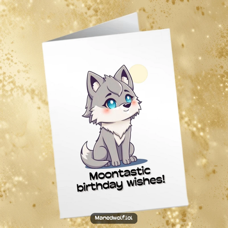 Free Printable Birthday Card: Maned wolf with sparkling, wide eyes gazing longingly at a radiant full moon.