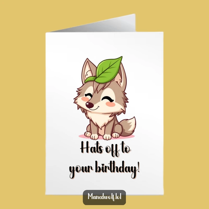 Free Printable Funny Maned Wolf Birthday Card: Leaf Hat Giggles Downloadable