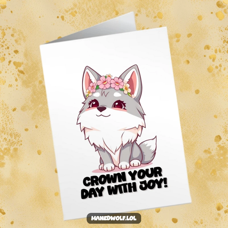 Funny Free Printable Birthday Card: A giggling maned wolf in a flower crown looks skyward with pure joy, ready for a laugh.