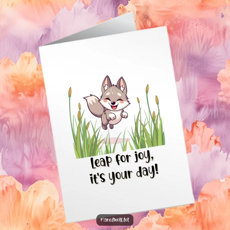 Funny Free Printable Birthday Card: A happy maned wolf leaping joyfully through tall grass, ears perked, celebrating your special day.