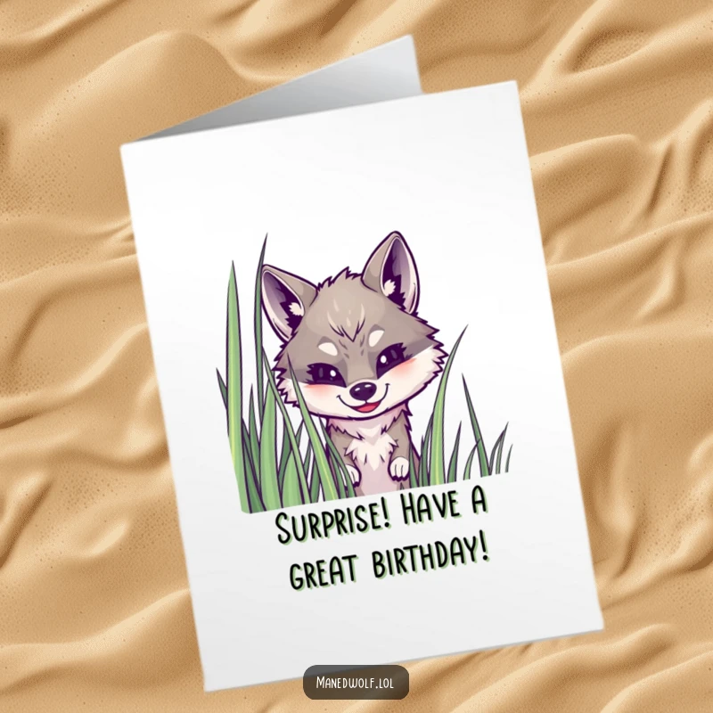 Free Printable birthday card: a grinning maned wolf playfully peeking from behind tall grass, a downloadable delight.