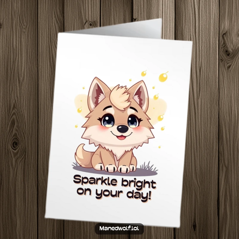 Free Printable Birthday Card: A maned wolf with wide, happy eyes watches twinkling fireflies at dusk, creating a magical scene.