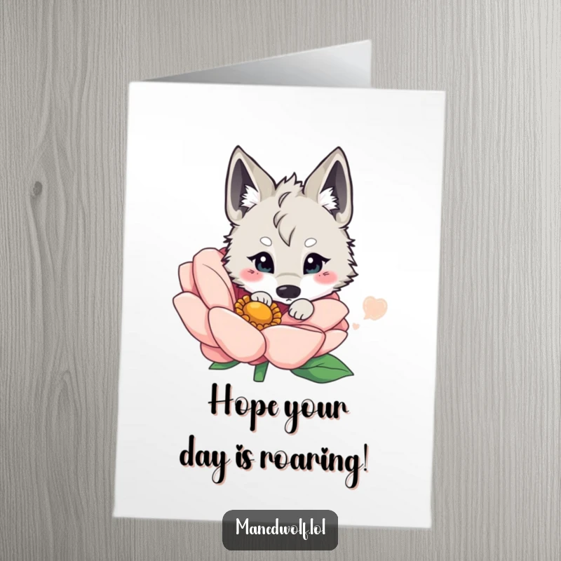 Funny Free Printable Birthday Card: Kawaii maned wolf with big eyes peeking playfully from behind a huge, vibrant flower.