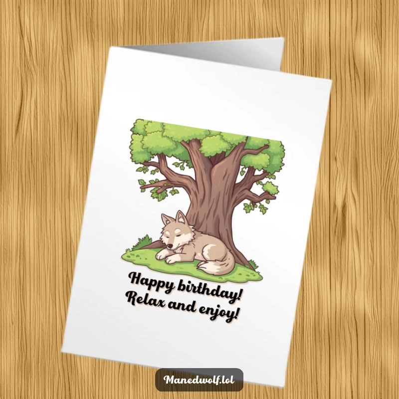 Funny Free Printable Birthday Card: A content maned wolf napping peacefully under a large shady tree, spreading calm.