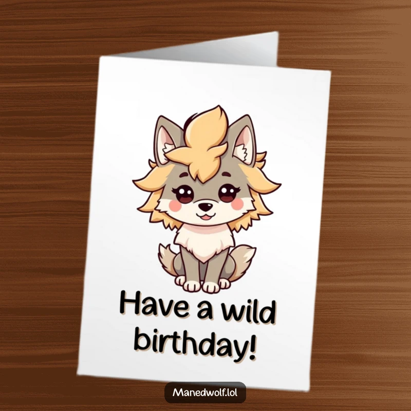 Funny Free Printable Birthday Card: Adorable kawaii maned wolf beaming with pride, showcasing its spectacularly bushy mane.