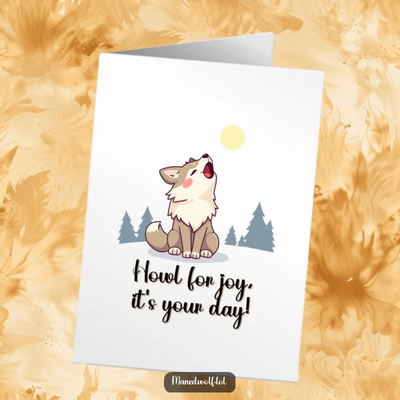Funny Free Printable Birthday Card: Kawaii maned wolf howling a happy song towards the moon, a downloadable gift.