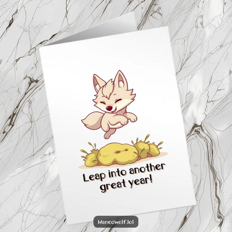 Funny Free Printable Birthday Card: Kawaii maned wolf playfully leaping over a small bush, celebrating a birthday, cute downloadable art.