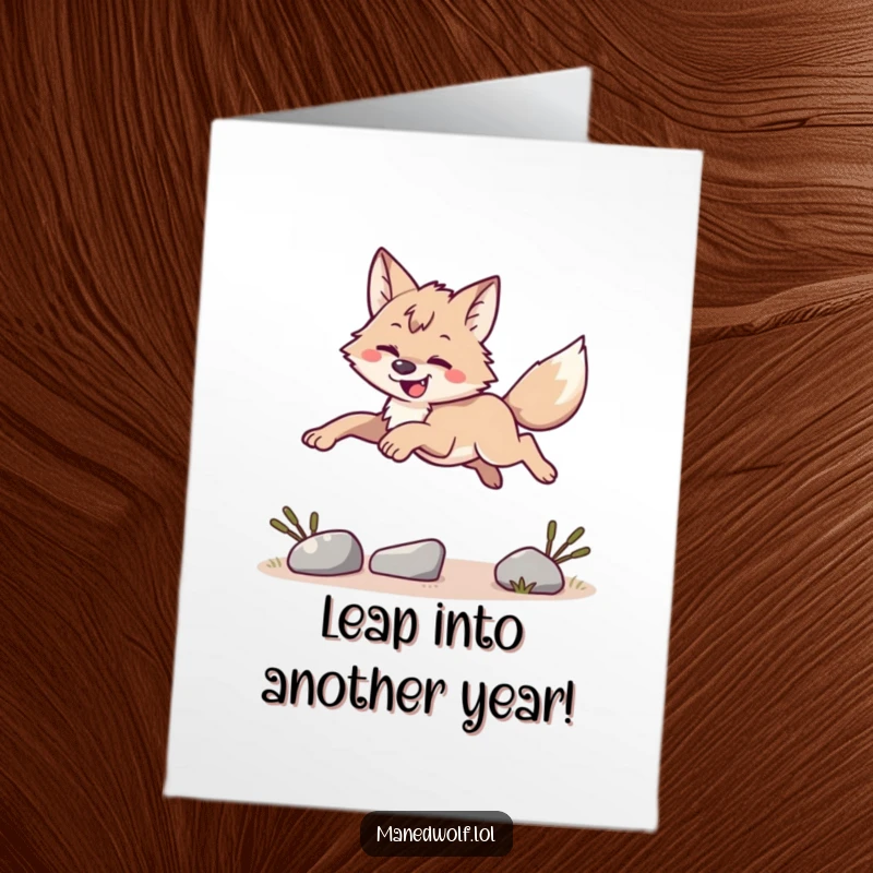 Free Printable Birthday Card: Happy maned wolf soaring gracefully over a small obstacle with joyful abandon.