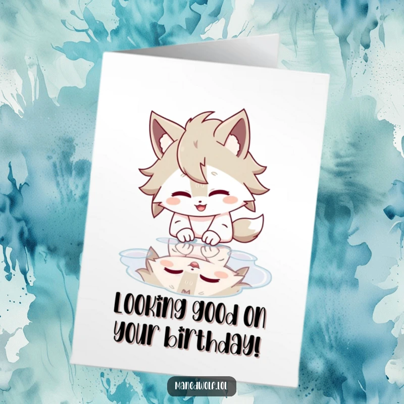 Funny Free Printable Birthday Card features a maned wolf giggling uncontrollably at its own reflection in a puddle, spreading birthday cheer.