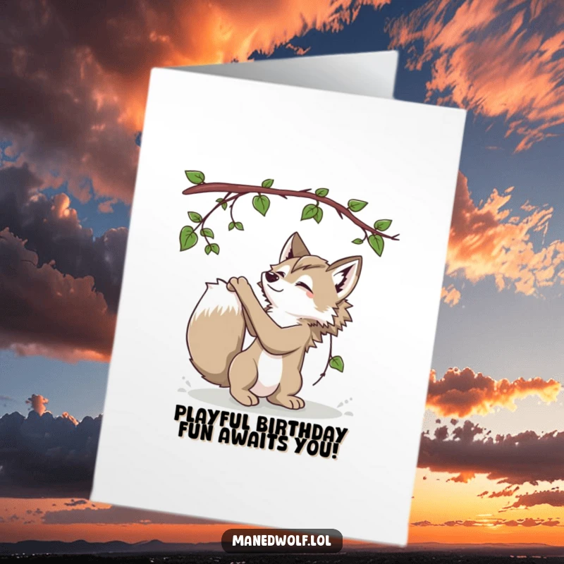 Funny Free Printable Birthday Card: Playful maned wolf batting at a dangling vine, a downloadable gift.