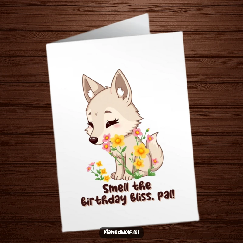Funny Free Printable Birthday Card showing a maned wolf delightedly sniffing a fragrant wildflower bouquet.