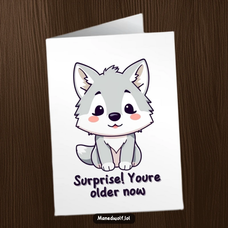 Funny Free Printable Birthday Card: Kawaii maned wolf with wide eyes and tilted ears, expressing pure shock and amusement.