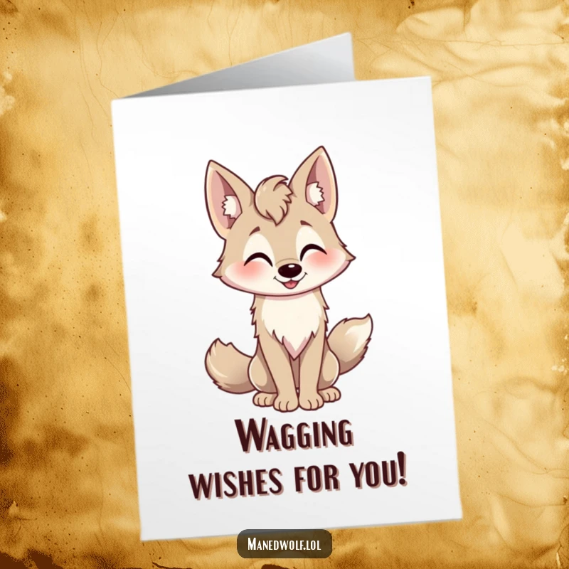 Funny Free Printable Birthday Card: A playful maned wolf with tail wagging nods hello for a happy birthday.