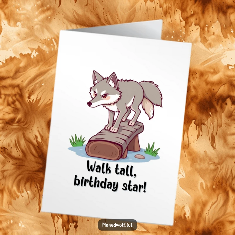 Funny Free Printable Birthday Card: A determined maned wolf carefully crossing a narrow log bridge, celebrating your special day.