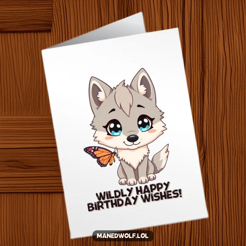 Funny Free Printable Birthday Card: A maned wolf with huge eyes, comically startled by a fluttering butterfly nearby.