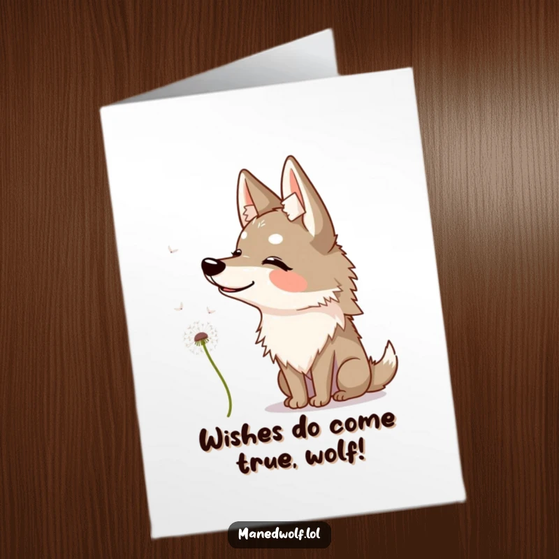 Funny Free Printable Birthday Card: Maned wolf tilting head curiously at a floating dandelion seed, whimsical and sweet.
