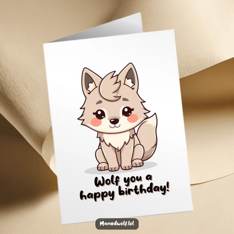 Funny Free Printable Maned Wolf Birthday Card: A smiling wolf joyfully wags its tail, ready to celebrate.