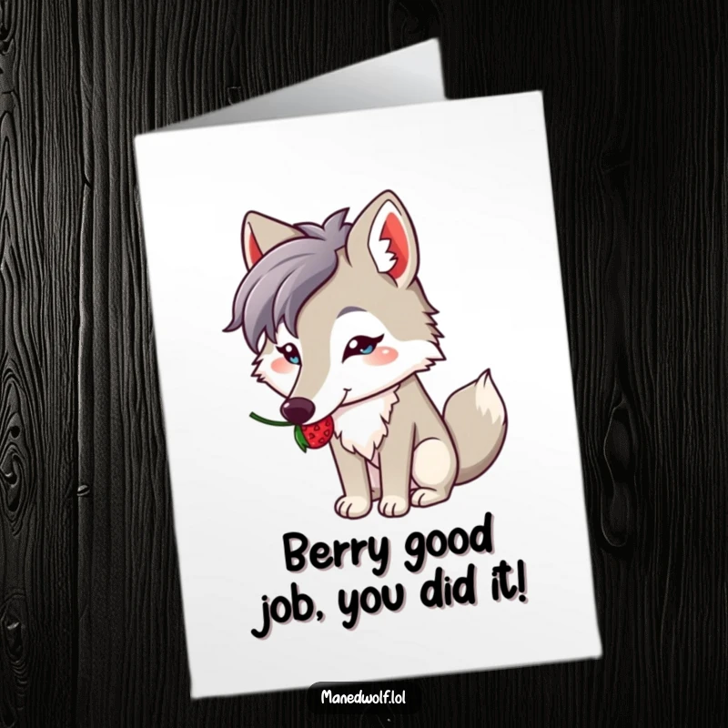 Funny Free Printable Congratulations Card: a kawaii maned wolf skillfully balancing a berry on its long snout, showing off talent.