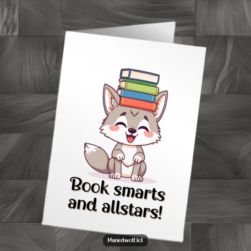 Funny Free Printable Congratulations Card: A maned wolf proudly balancing an impressive stack of books on its head, celebrating success.
