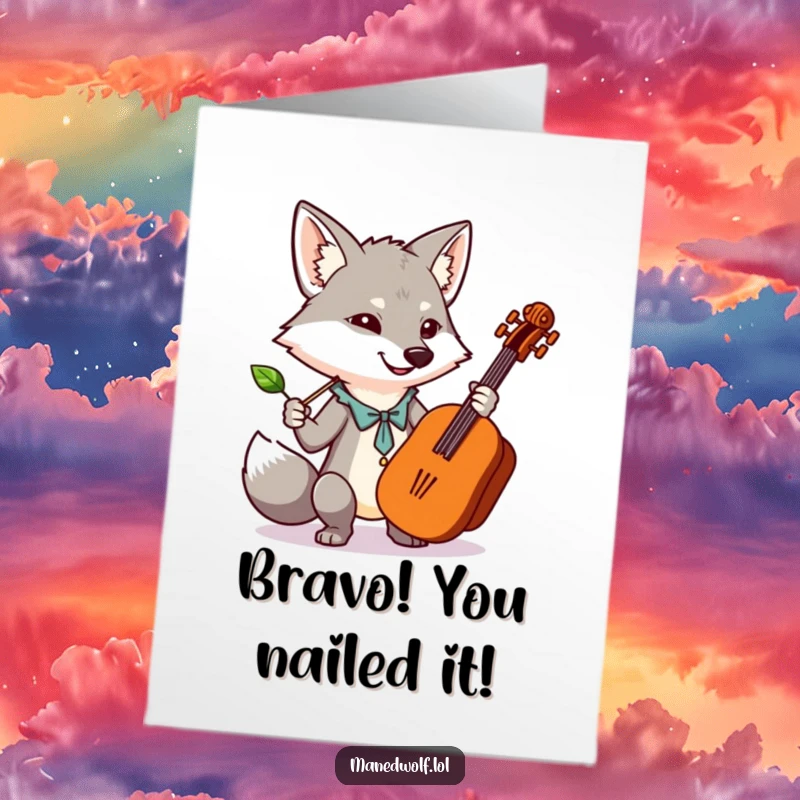 Funny Free Printable Congrats Card: A cute maned wolf enthusiastically leads an orchestra using a leaf as a baton.