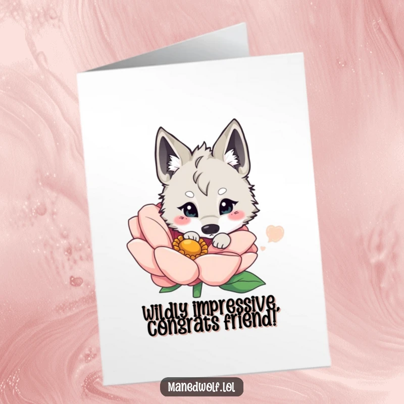Funny Free Printable Congrats Card: Kawaii maned wolf peeking cutely from behind a giant, colorful flower, celebrating an achievement.