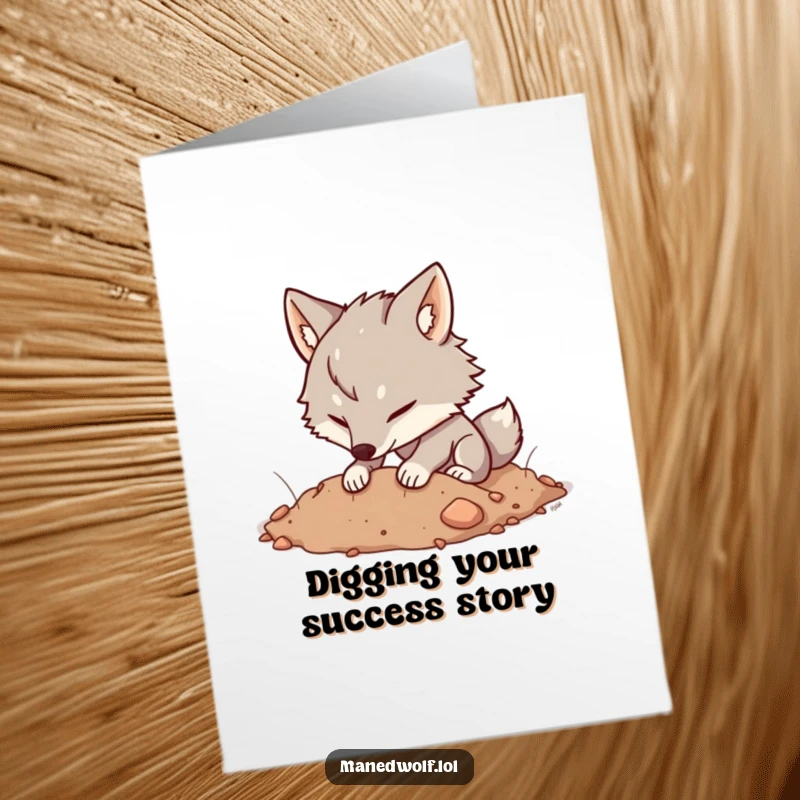 Free Printable Congrats Card: Kawaii maned wolf happily digging in the earth, symbolizing growth and new beginnings.