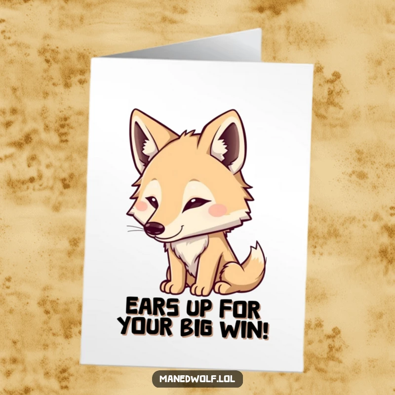 Funny Free Printable Congratulations Card of a cute maned wolf with its ears perked, intently listening to good news with a comical look.