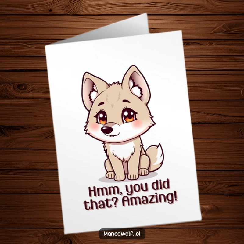 Funny Free Printable Congratulations Card: Maned wolf with fluffy ears tilting head inquisitively, celebrating success.