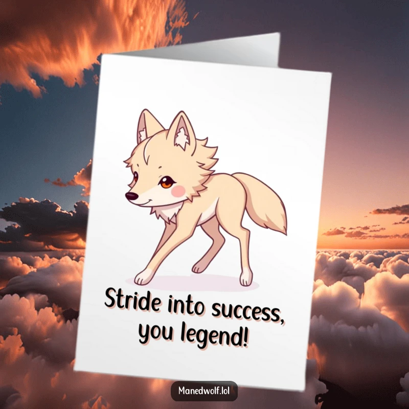 Funny Free Printable Congratulations Card showcasing a Kawaii maned wolf's long legs striding triumphantly after a major win.
