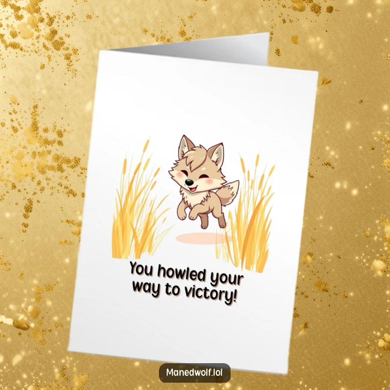 Funny Free Printable Congrats Card: A maned wolf character joyfully prancing through tall, golden grass, marking success.