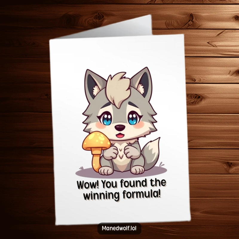 Funny Free Printable Congratulations Card: Maned wolf looking surprised at a glowing mushroom, celebrating a magical achievement.