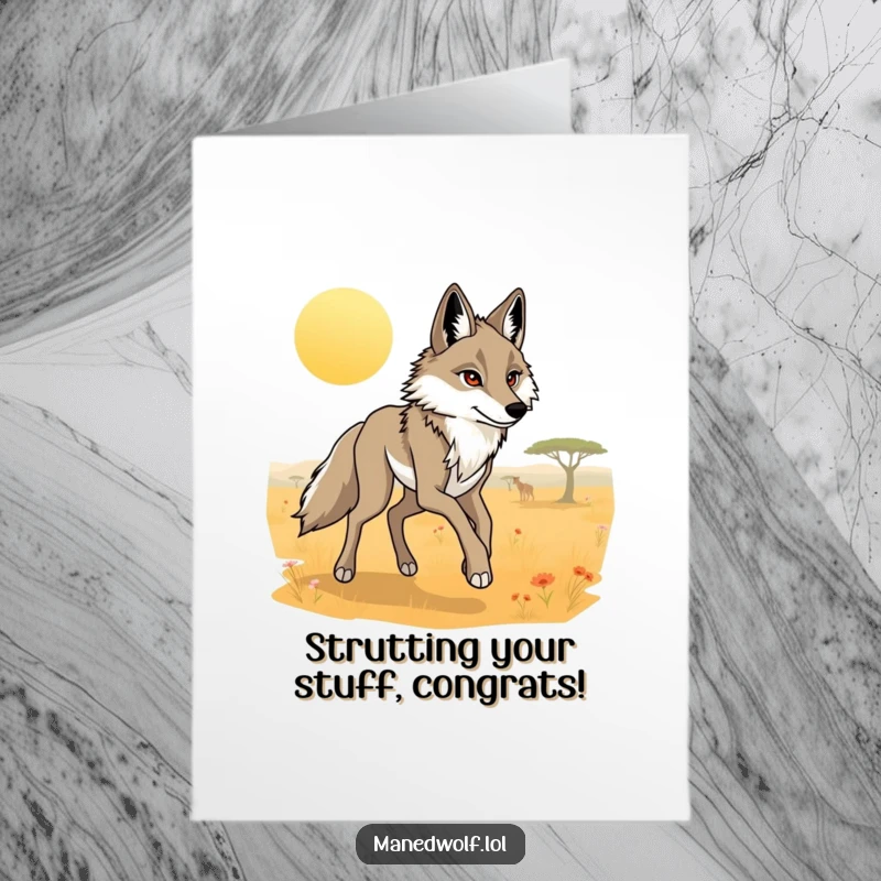 Free Printable Congratulations Card: Maned wolf's long legs moving gracefully across a sunlit savanna, a stylish and unique greeting.