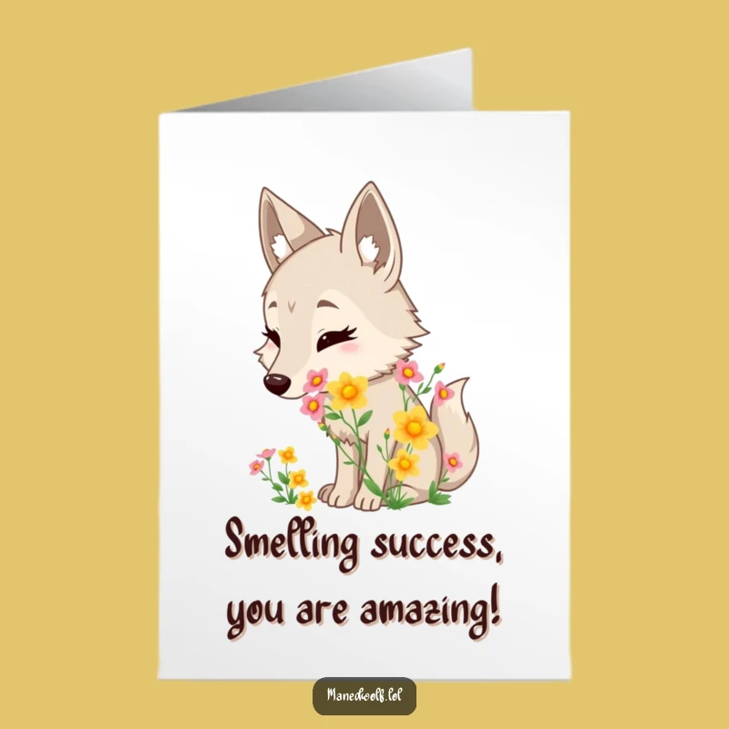 Free Printable Congrats Card: Maned Wolf Sniffing Flowers - Cheerful Downloadable Greeting!