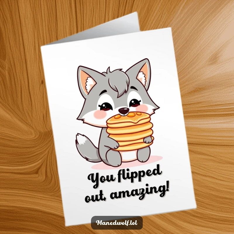 Funny Free Printable Congrats Card: A cute maned wolf holds a precarious stack of pancakes steady on its nose.