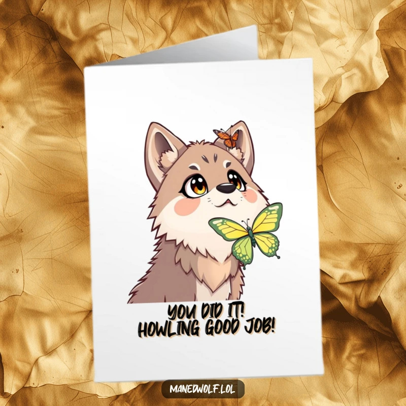 Funny Free Printable Congratulations Card: Maned wolf with shocked expression, looking at a butterfly, ready to celebrate.