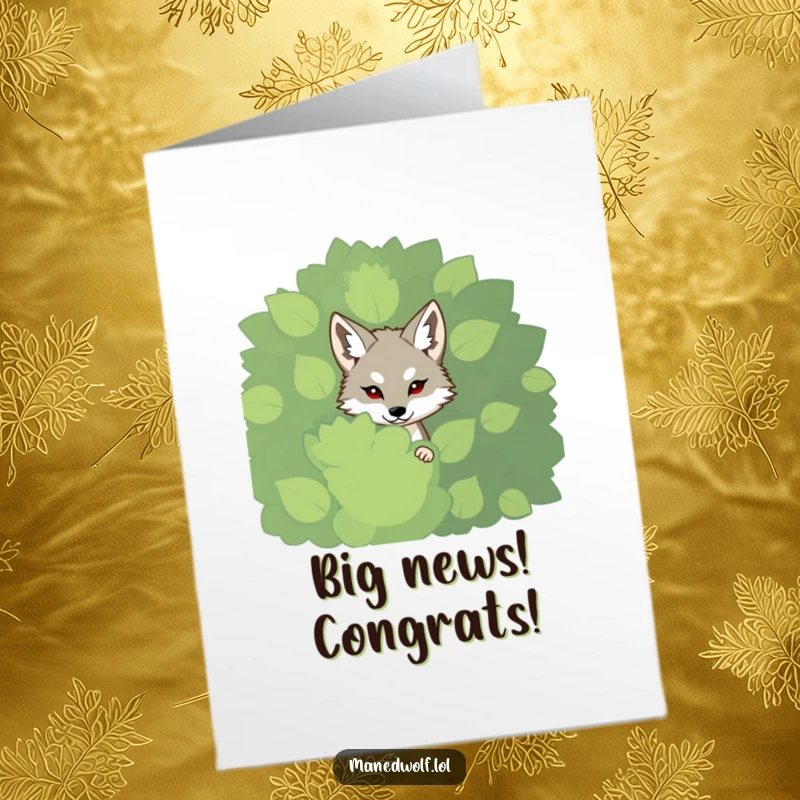Funny Free Printable Congratulations Card: A shy maned wolf peeking from behind a bush, celebrating success with a hidden smile.